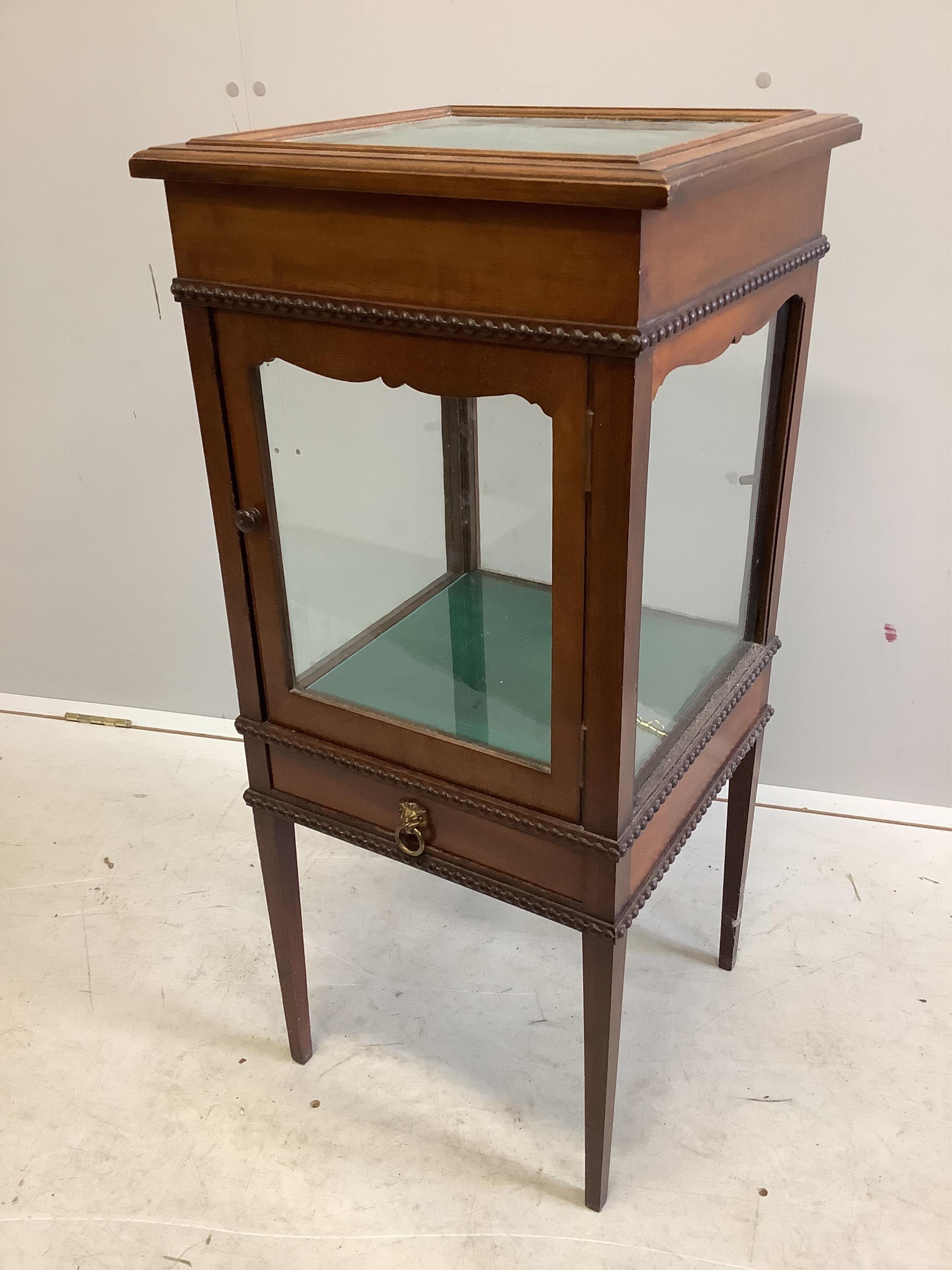 An Edwardian mahogany bijouterie cabinet, width 40cm, depth 39cm, height 88cm. Condition - fair to good